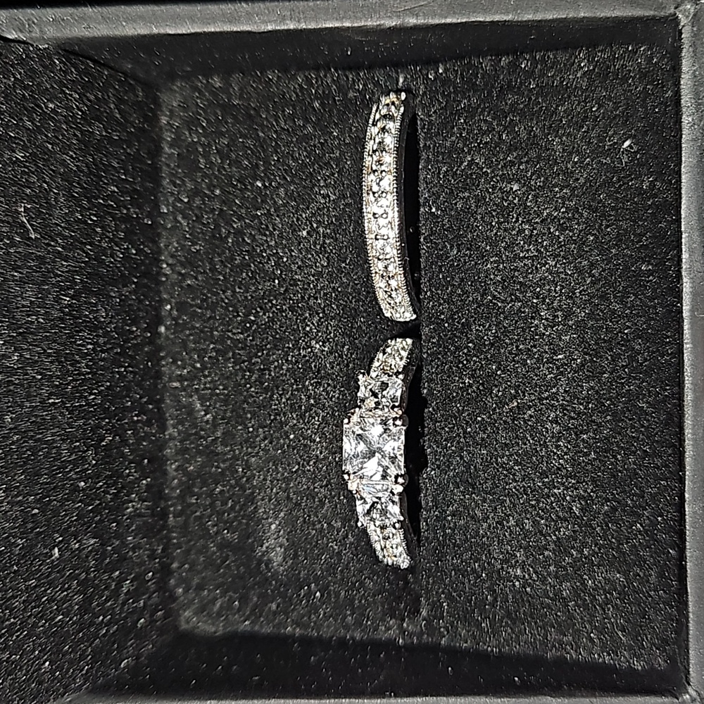Princess Cut White Lab Created Saphire Three Stone Bridal Set Sterling Silver